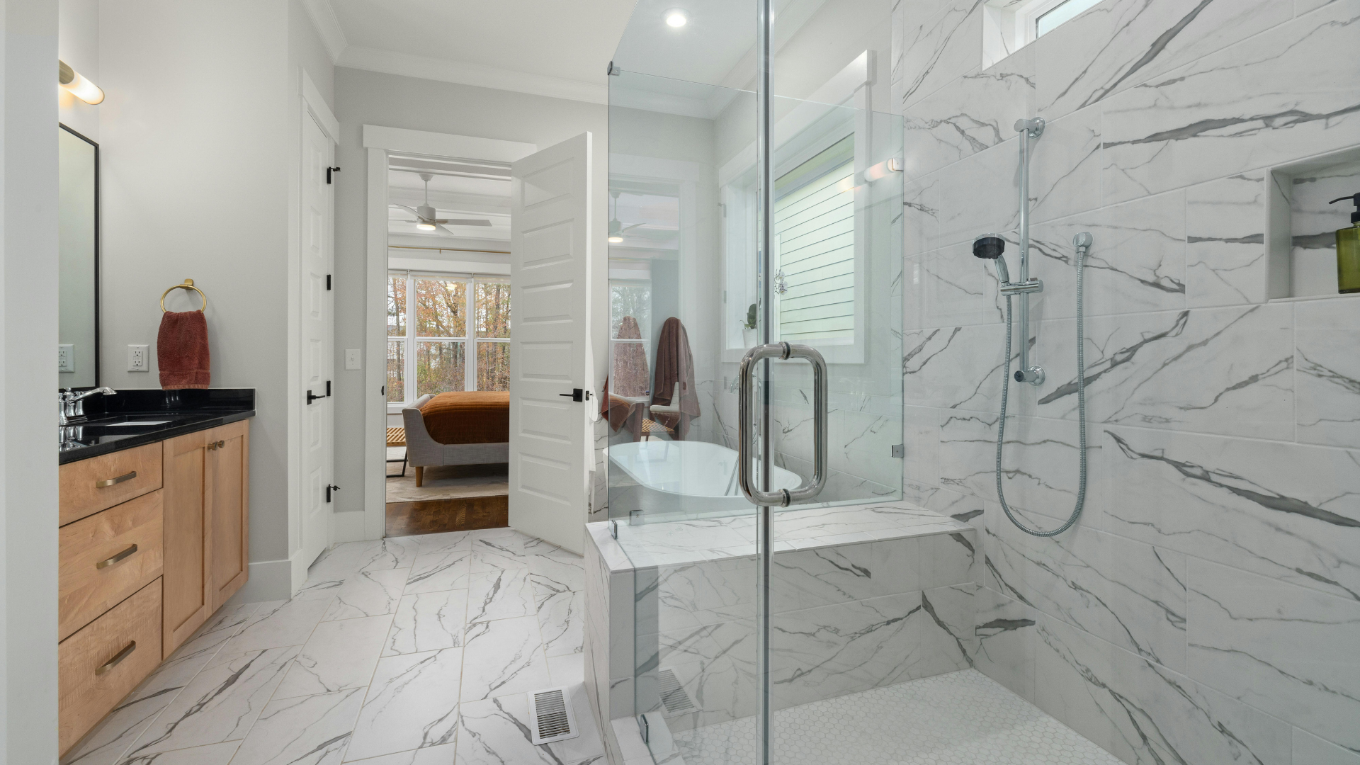 Marble primary bath remodel — representative work by Greaves Construction, near Garner, NC.