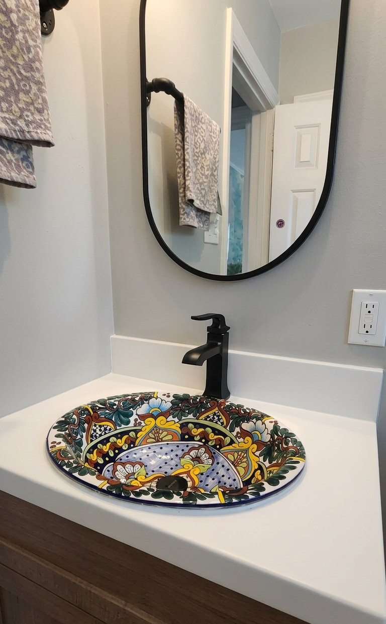 Hand-painted Talavera vanity — representative work by Greaves Construction, near Garner, NC.
